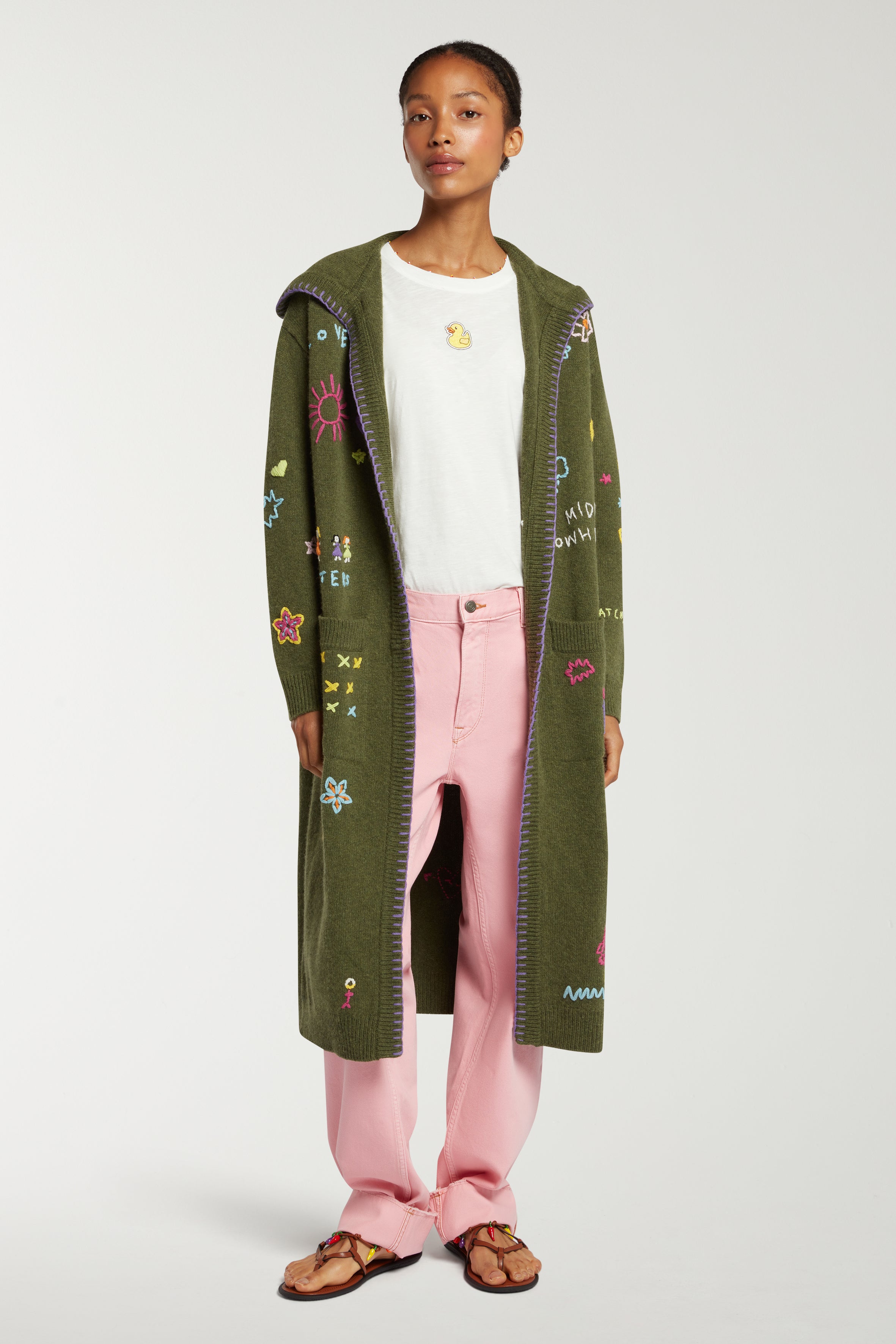 Long Cardigan With Doodle Words Embroidery