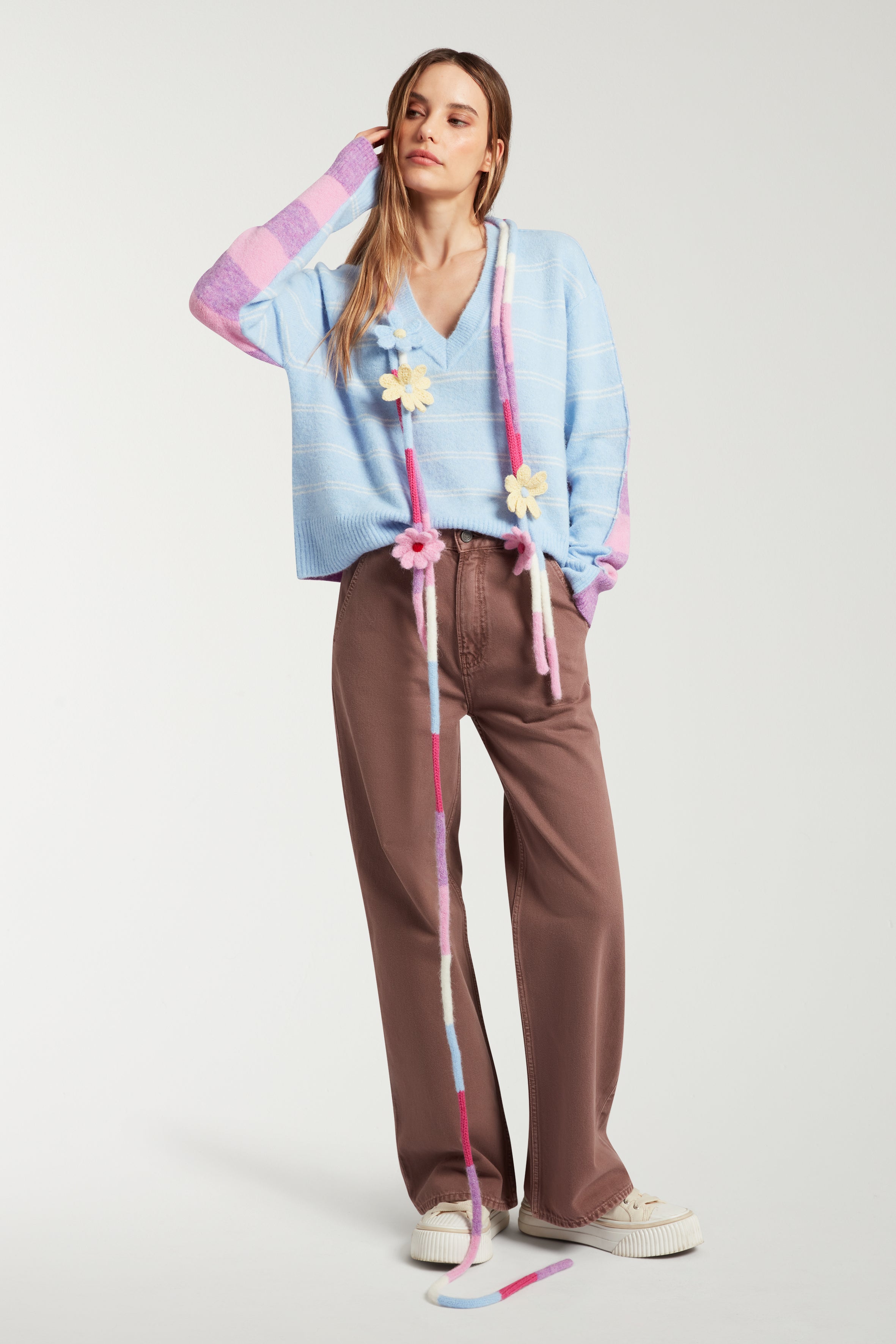 Stripe V Neck With Crochet Trim