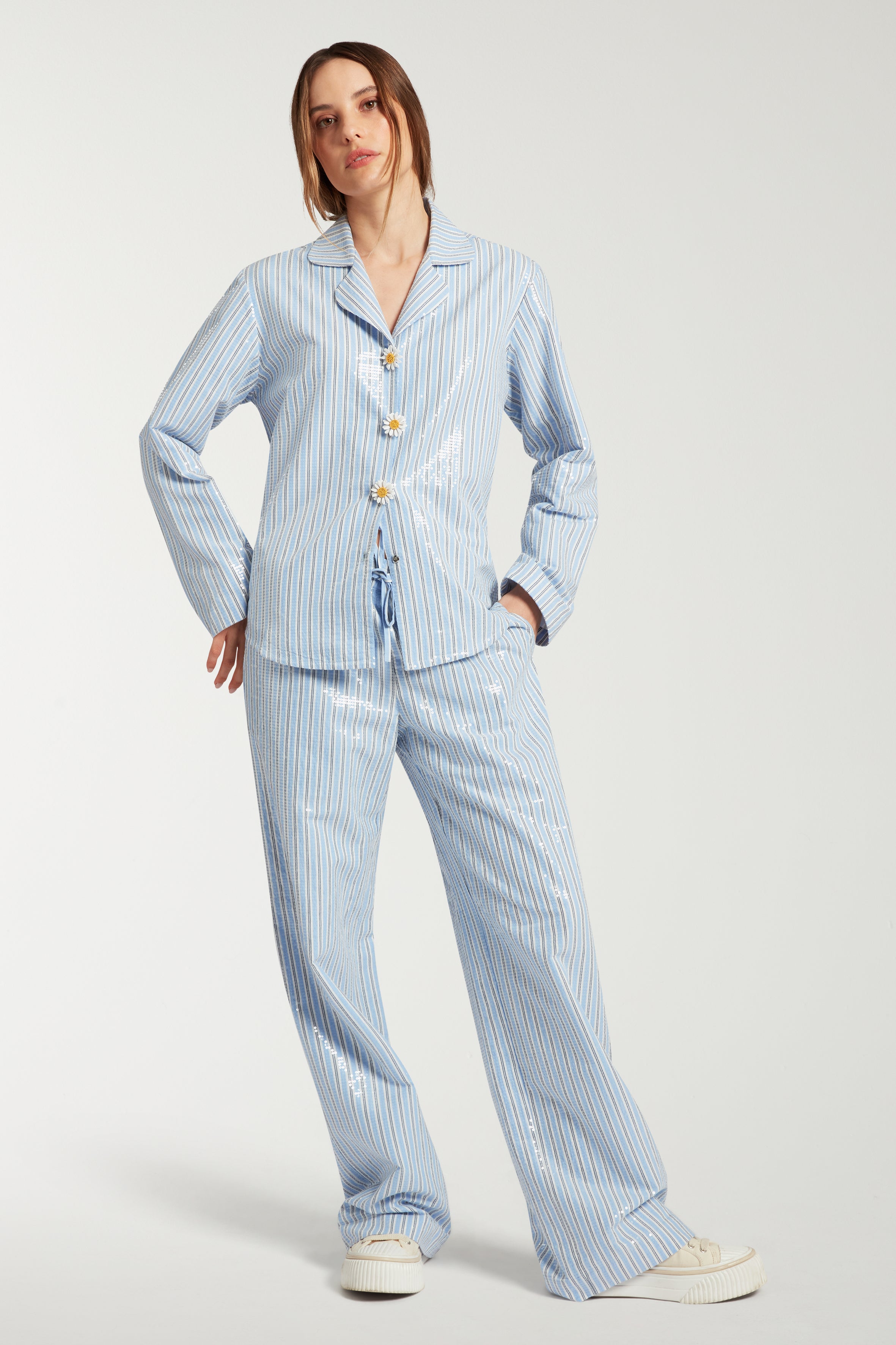Sequinned Striped Shirt With Daisy Brooches
