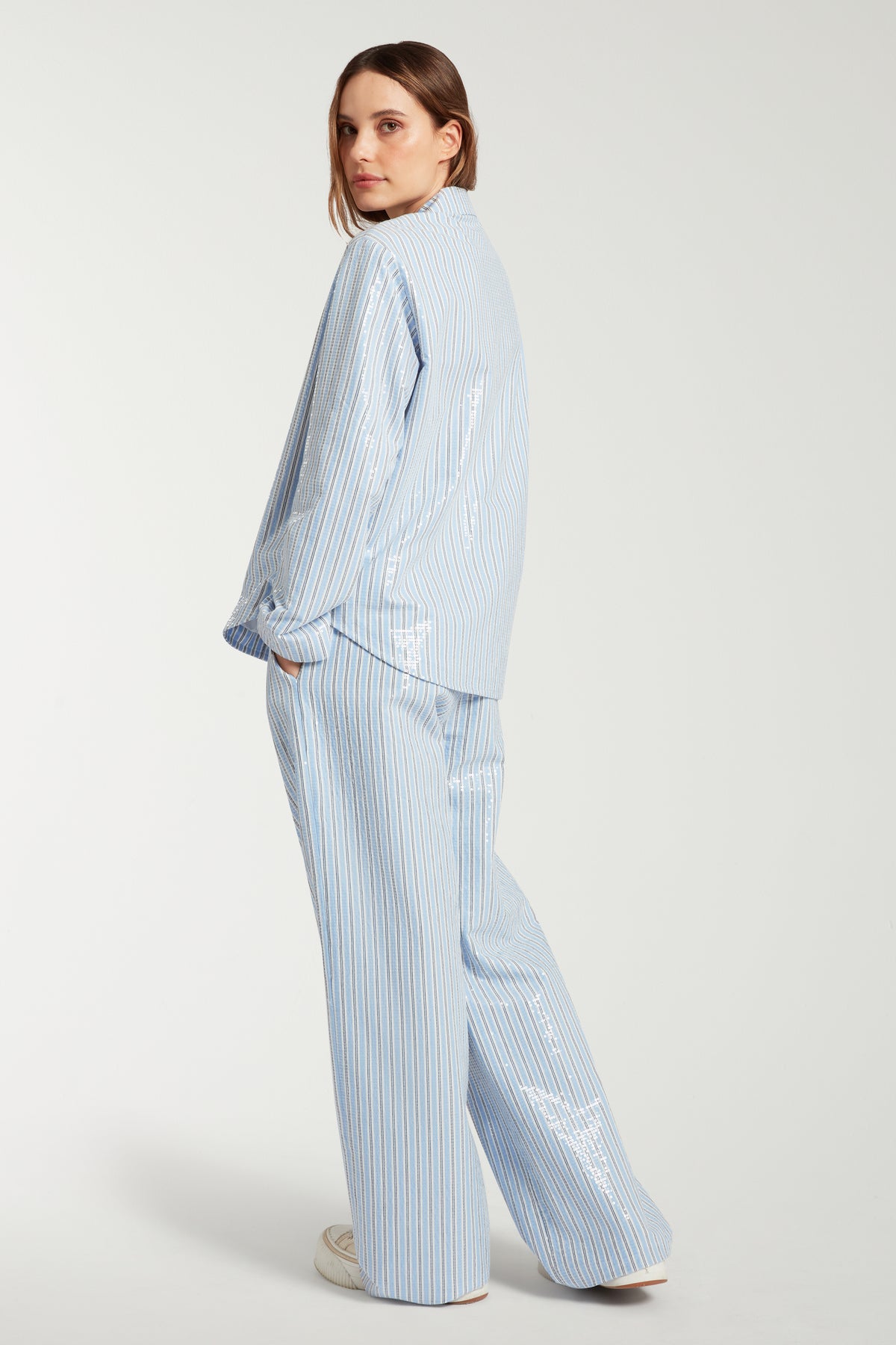 Sequinned Striped Shirt With Daisy Brooches
