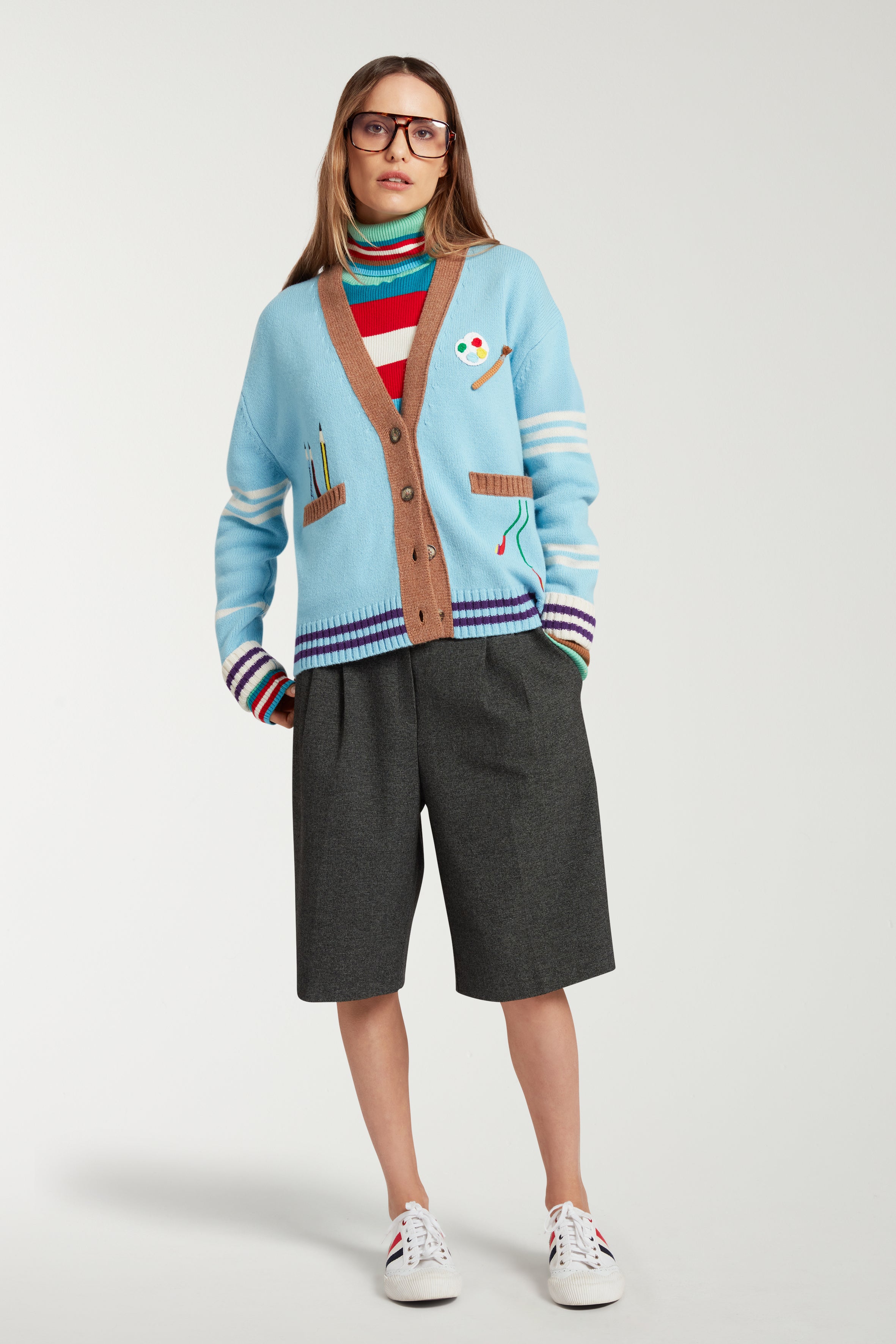 Embroidered School Cardigan With Crochet Patch