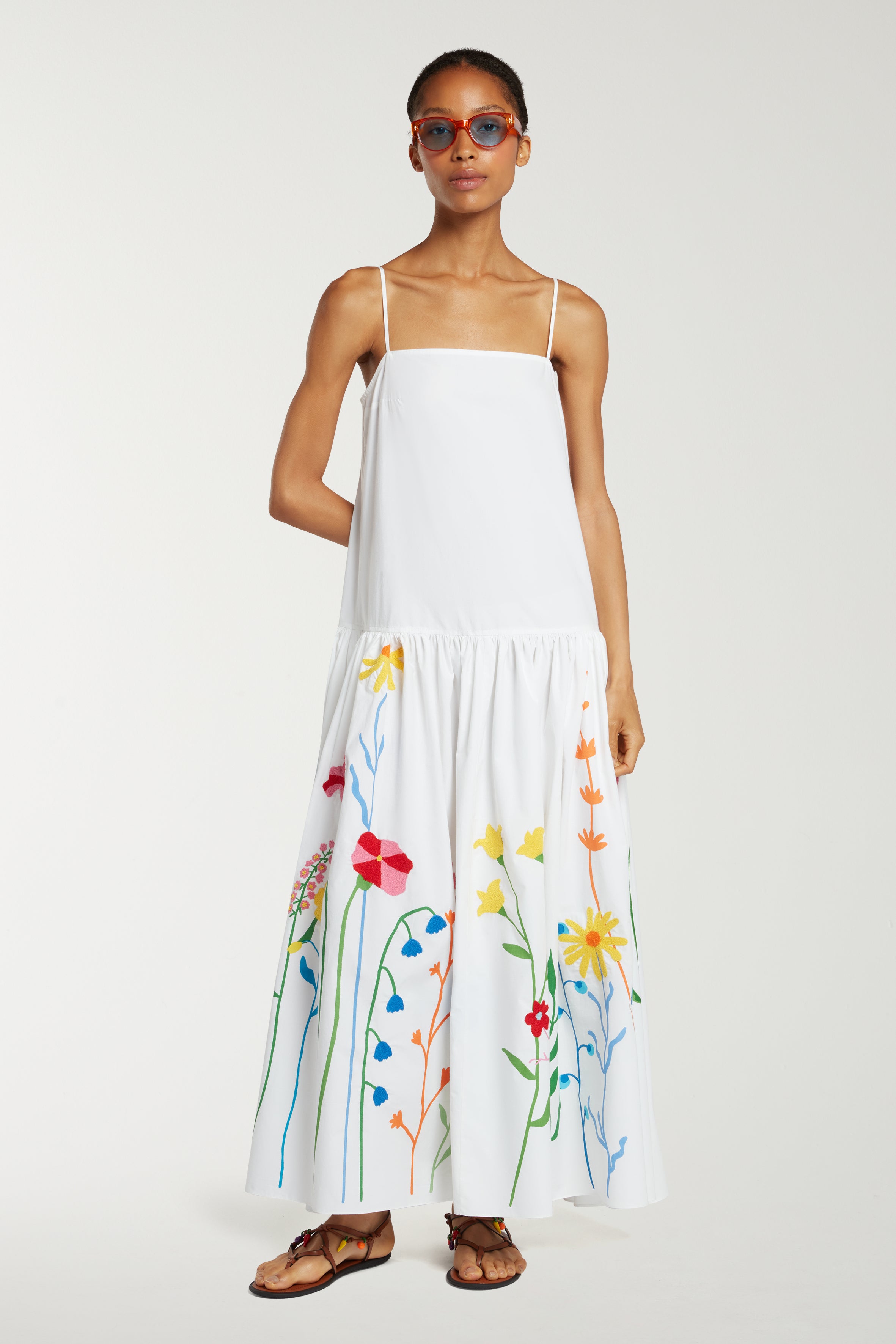 Meadow Print and Embroidered Low Waist Dress