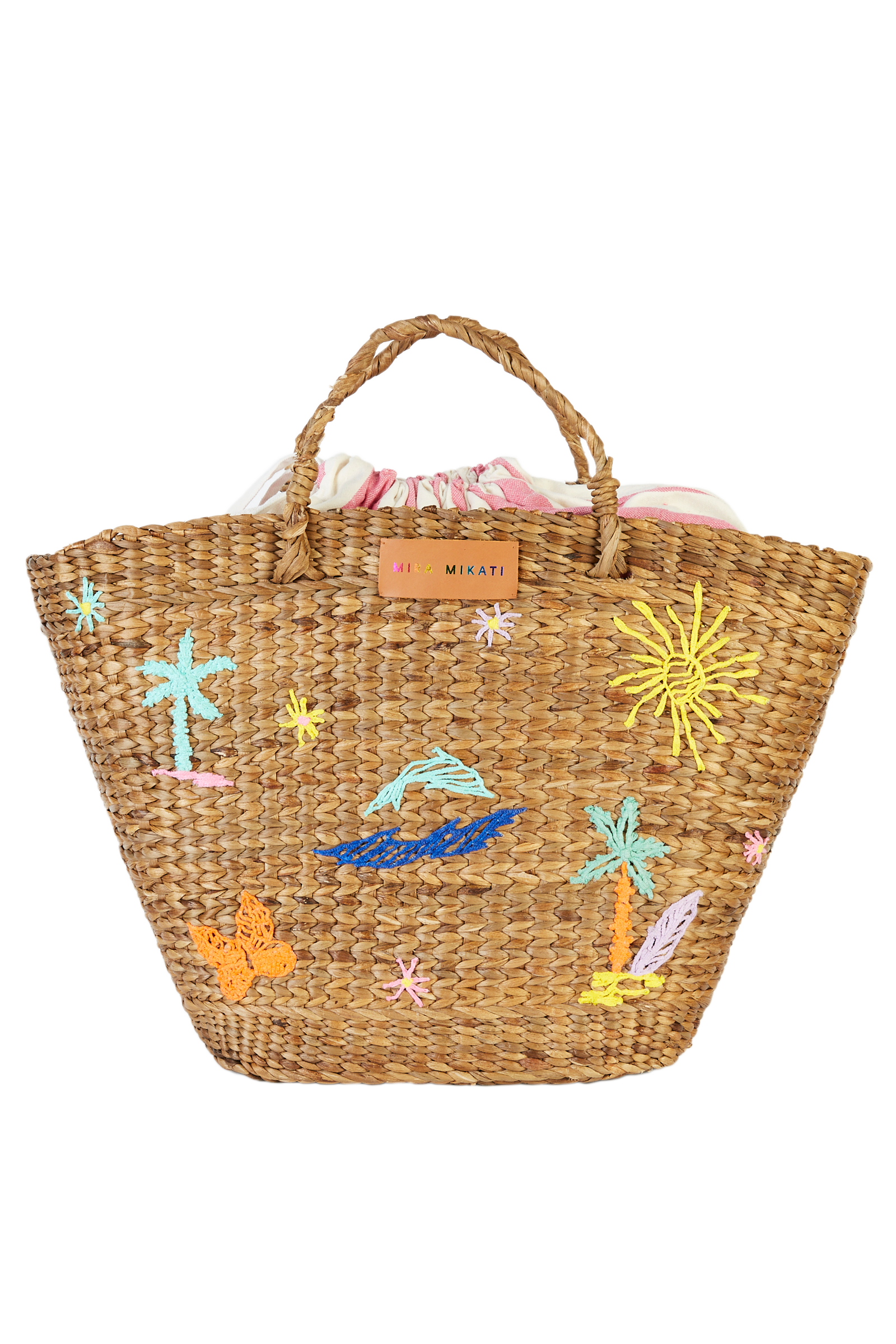 Embroidered Hyacinth Leaf Basket With Pink Stripe Bag