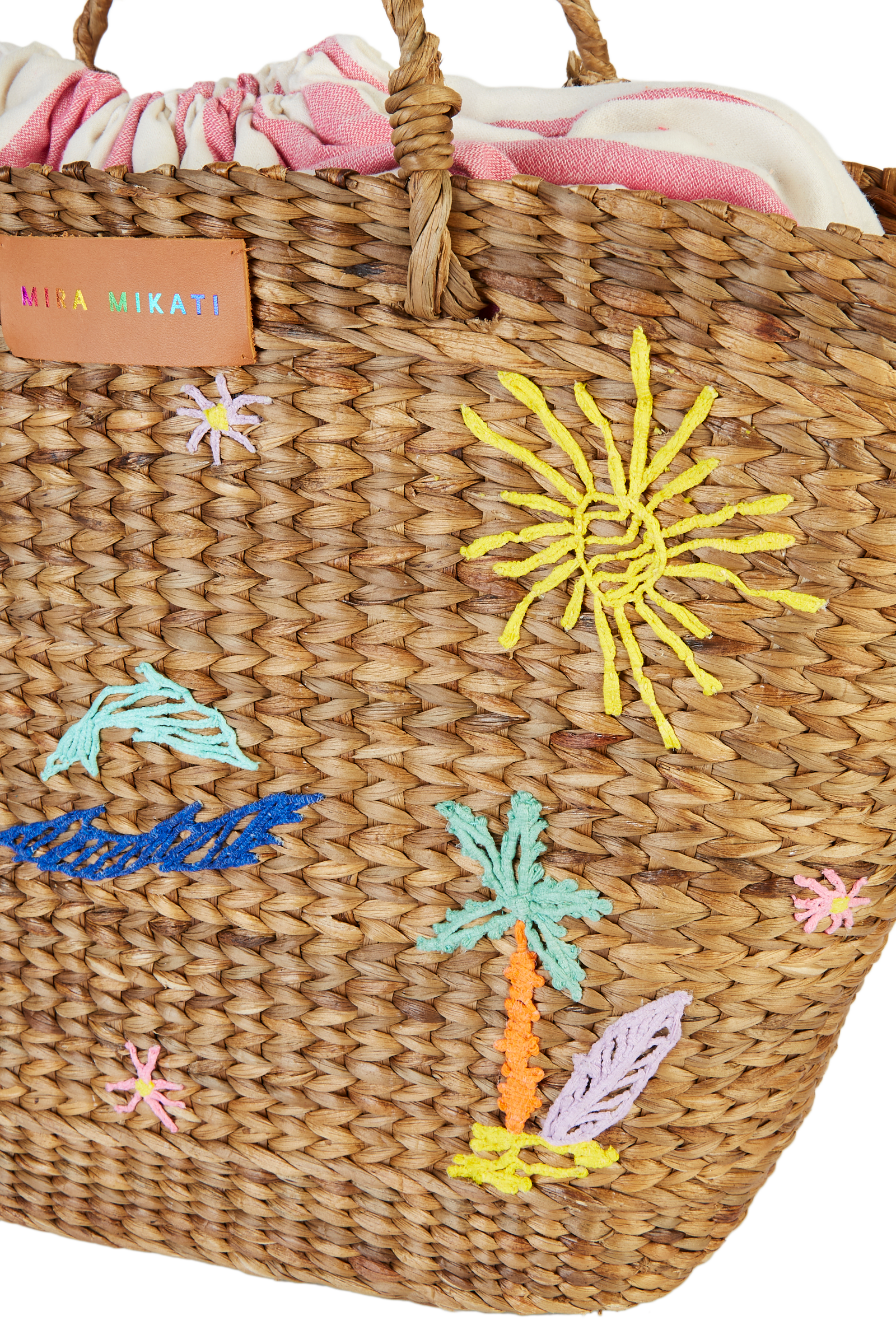 Embroidered Hyacinth Leaf Basket With Pink Stripe Bag